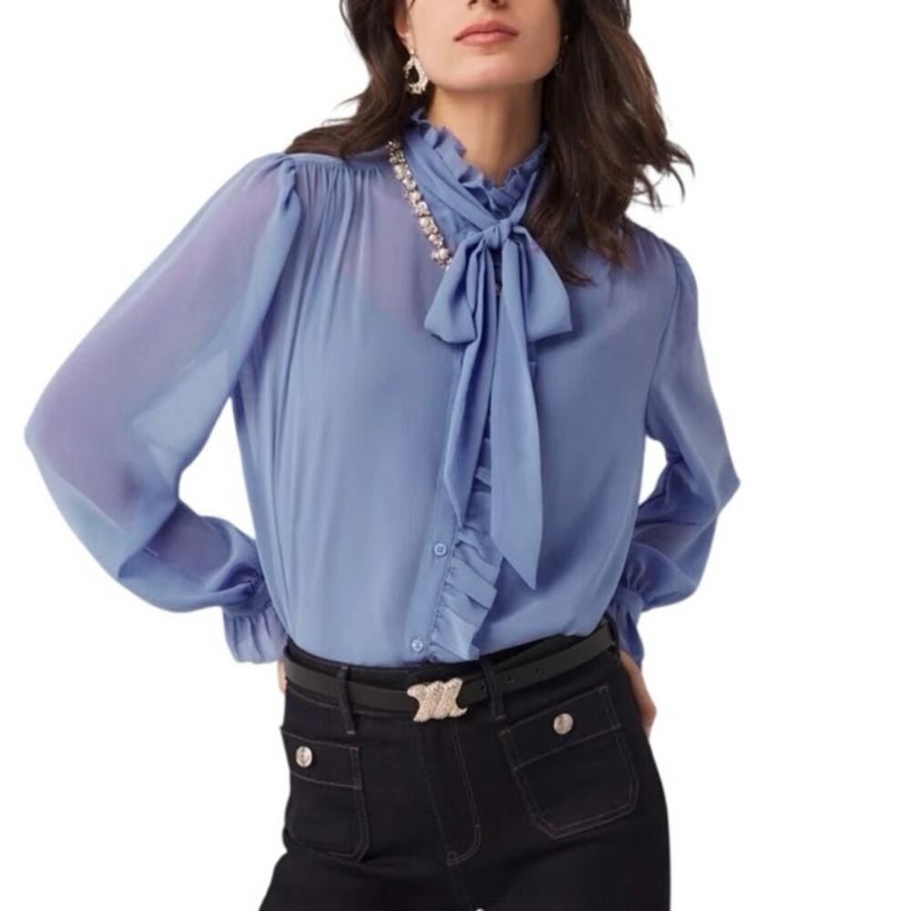 NWT White House Black Market Chiffon Ruffle Blouse Blue Tie Neck Size L